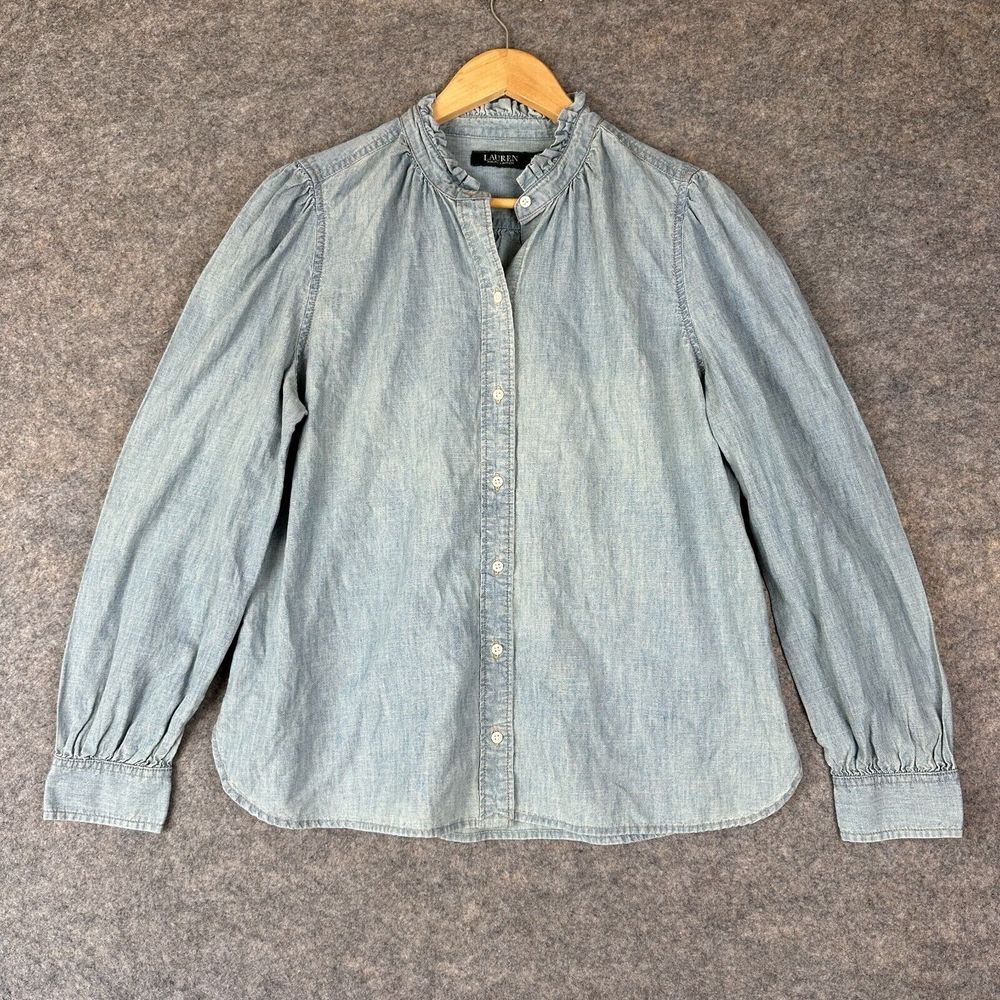 Lauren Ralph Lauren Chambray Denim Button Shirt Womens XL Ruffle Trim Blue Top